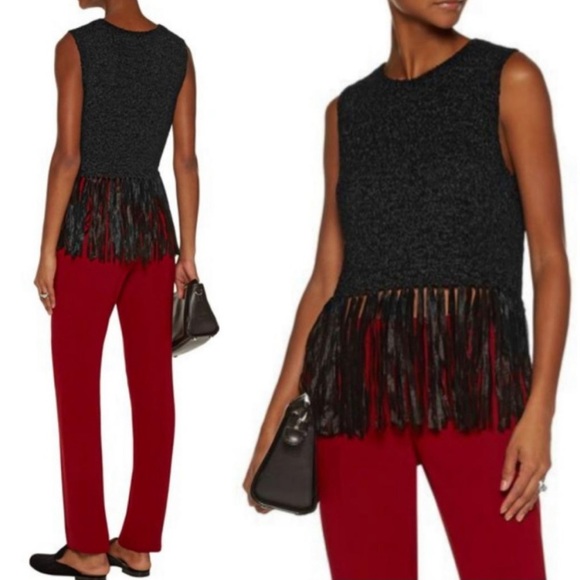 A.L.C. Black Bette Fringed Stretch Crochet-knit Tank Top/Cami - Picture 5 of 11